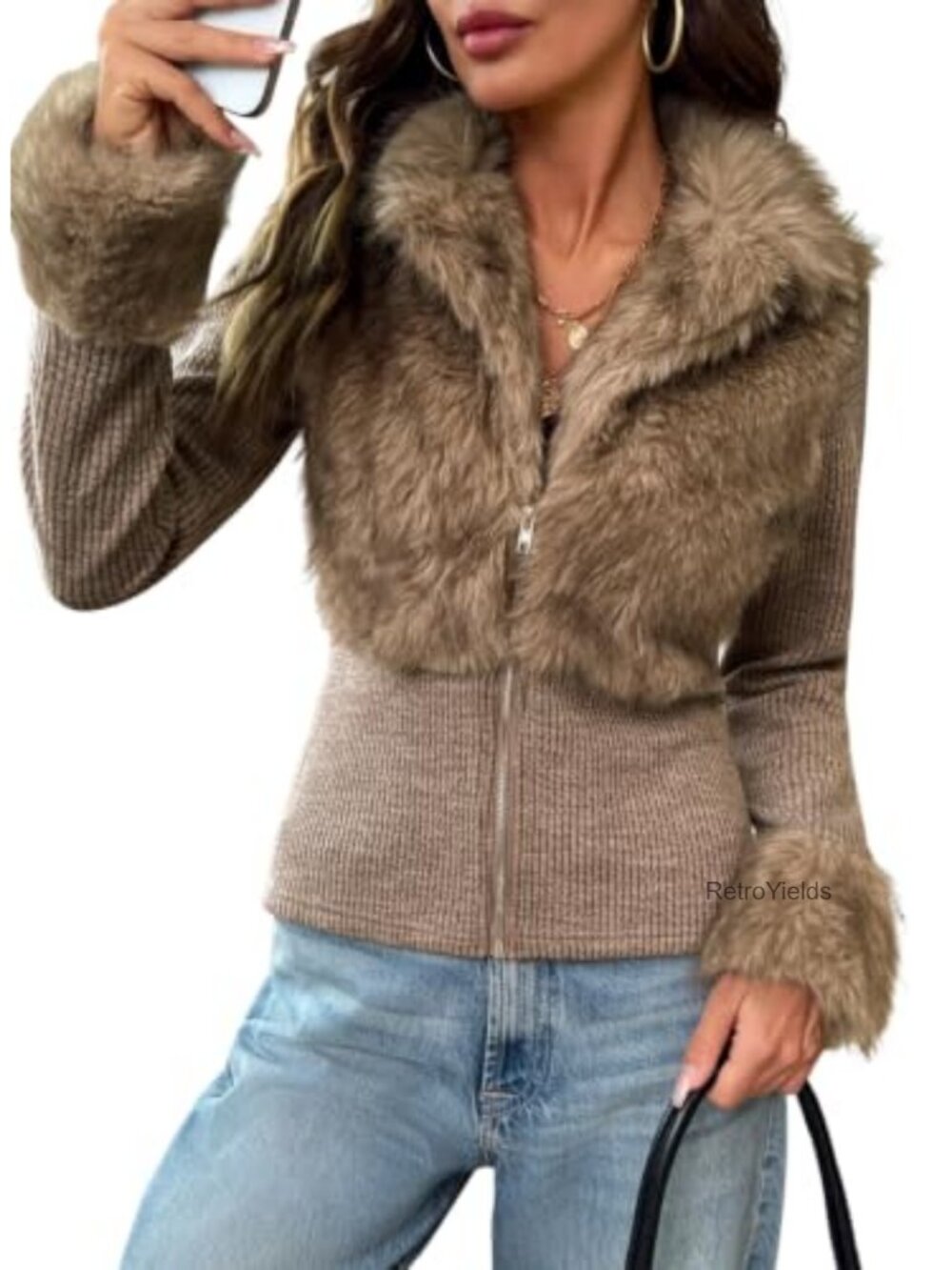 Faux Fur Fuzzy Zip Up Jacket Slim Fit Winter Outwear